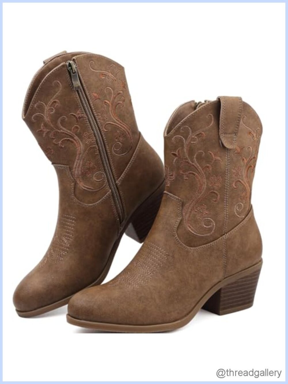 Women's Western Cowboy Ankle Boots Faux Leather Floral Embroidered Side Zip